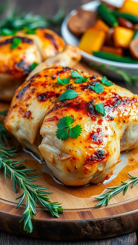 Oven Baked Herb Chicken Recipe Oven baked chicken thigh with crispy skin, garnished with parsley, on a wooden board with herbs and roasted vegetables.